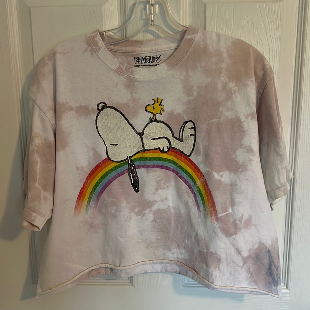 Snoopy and Woodstock cropped tie dye tee.
